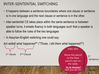 TAG-SWITCHING
• Is the switching of either a tag phrase or
a word, or both, from one language to another,
(common in intra...