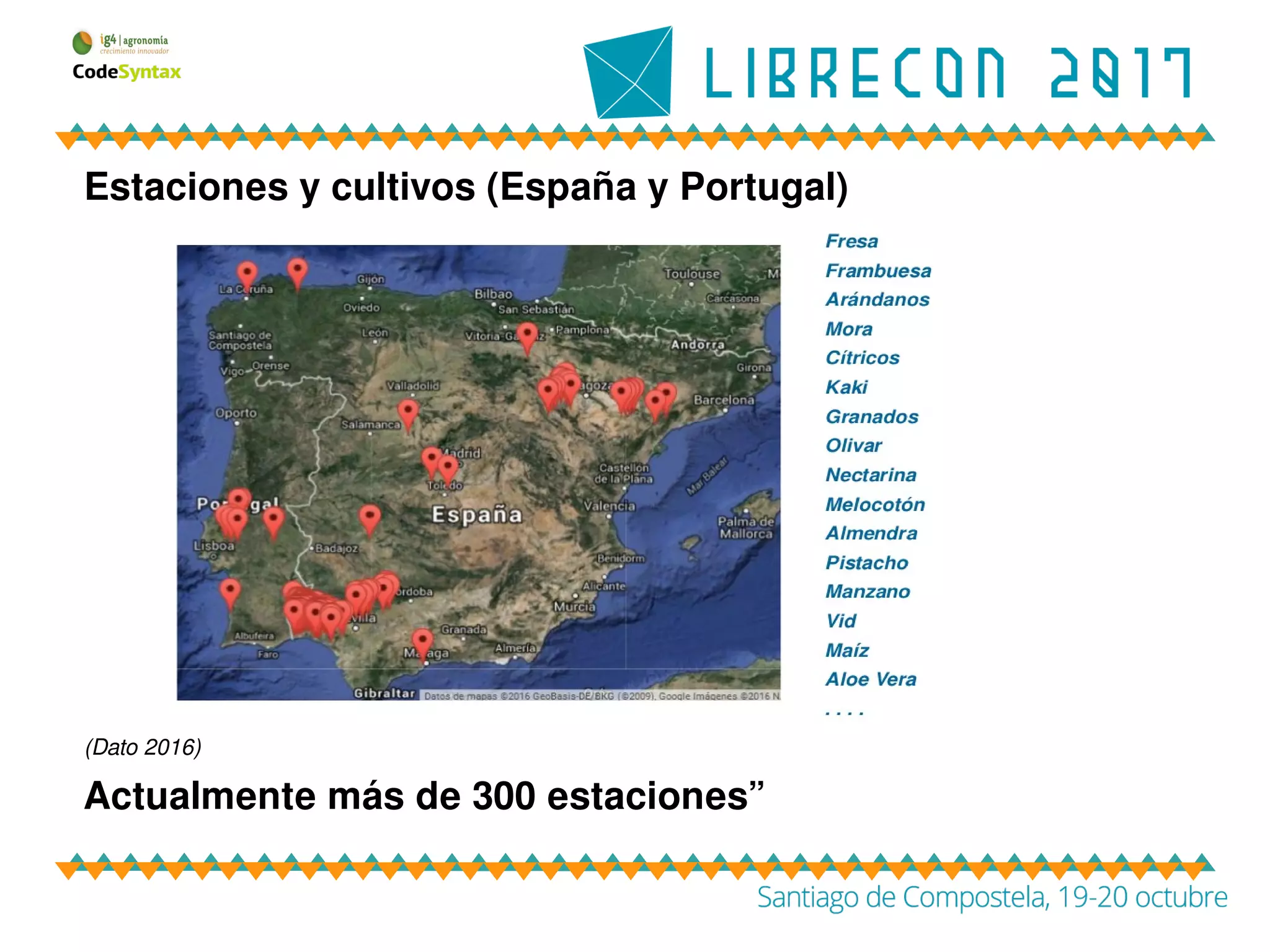 Estaciones y cultivos (España y Portugal)
(Dato 2016)
Actualmente más de 300 estaciones”
 