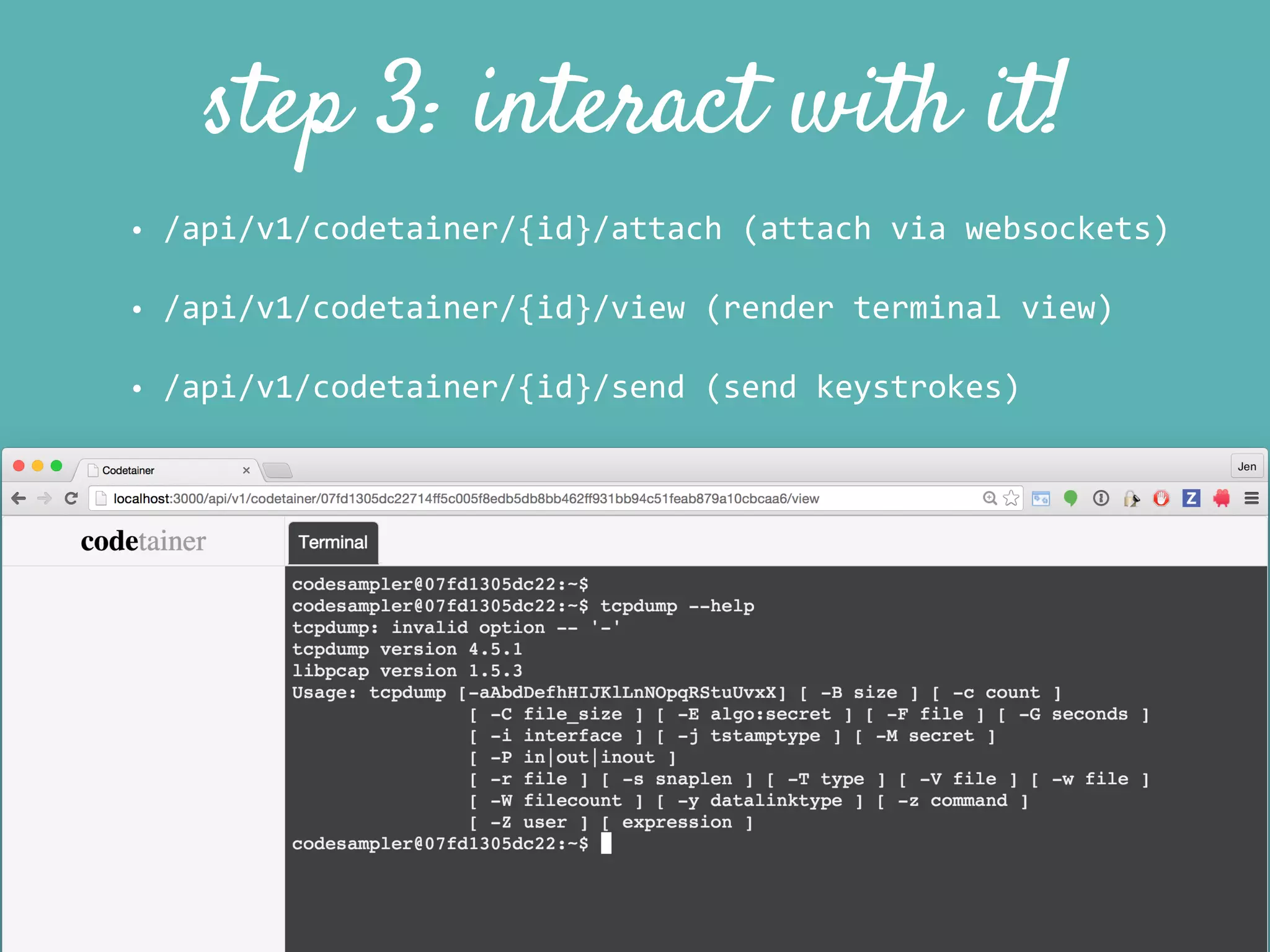 step 3: interact with it!
• /api/v1/codetainer/{id}/attach	
  (attach	
  via	
  websockets)	
  
• /api/v1/codetainer/{id}/view	
  (render	
  terminal	
  view)	
  
• /api/v1/codetainer/{id}/send	
  (send	
  keystrokes)
 