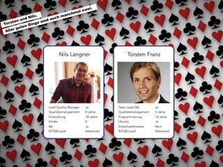 Aller guten Dinge sind auch manchmal zwei.
Torsten und Nils.
Nils Langner Torsten Franz
Lead Quality Manager
Qualitätsmanagement
Entwicklung
Kinder
Alt
ISTQB-Level
Ja
8 Jahre
18 Jahre
2
Ja
Advanced
Team Lead QA
Qualitätsmanagement
Programmierung
Ubuntu
Schachweltmeister
ISTQB-Level
Ja
5 Jahre
12 Jahre
Ja
Nein
Advanced
 