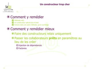 Un constructeur trop cher Comment y remédier Méthode init()  Un constructeur spécial pour le test Extraire dans une autre méthode, qu’on surcharge  Comment y remédier mieux Faire des constructeurs relais uniquement Passer les collaborateurs  prêts  en paramètres au lieu de les créer Injection de dépendances Factories 