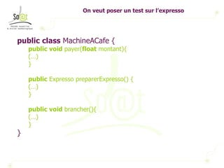 On veut poser un test sur l’expresso public   class  MachineACafe { public   void  payer( float  montant){ (…) } public  Expresso preparerExpresso() { (…) } public   void  brancher(){ (…) } } 