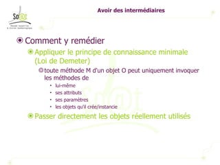 Avoir des intermédiaires Comment y remédier Appliquer le principe de connaissance minimale (Loi de Demeter) toute méthode M d'un objet O peut uniquement invoquer les méthodes de lui-même ses attributs ses paramètres les objets qu'il crée/instancie Passer directement les objets réellement utilisés 