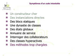 Symptômes d’un code intestable Un constructeur cher Des instanciations directes Des blocs statiques Une dynastie de classes Des états globaux Annuaire de service Interroger des collaborateurs Des classes hyperactives Des méthodes trop chargées 