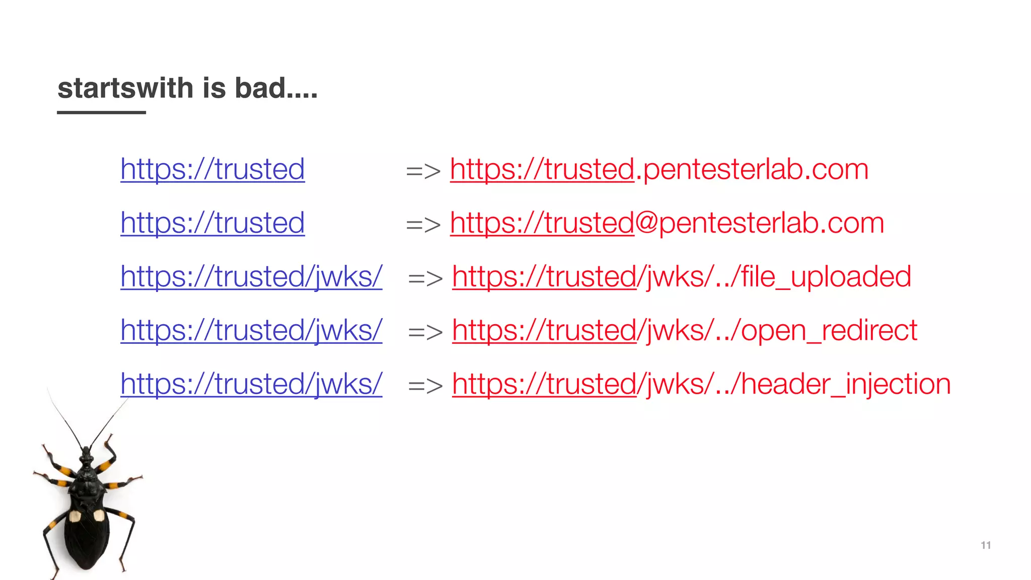 11
https://trusted => https://trusted.pentesterlab.com
https://trusted => https://trusted@pentesterlab.com
https://trusted/jwks/ => https://trusted/jwks/../ﬁle_uploaded
https://trusted/jwks/ => https://trusted/jwks/../open_redirect
https://trusted/jwks/ => https://trusted/jwks/../header_injection
startswith is bad....
 