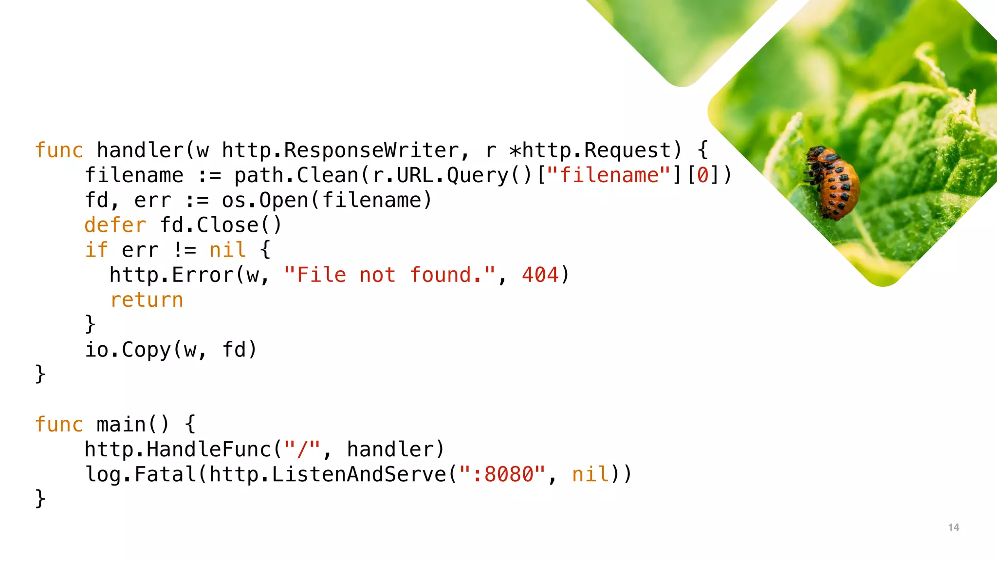 14
func handler(w http.ResponseWriter, r *http.Request) {
filename := path.Clean(r.URL.Query()["filename"][0])
fd, err := os.Open(filename)
defer fd.Close()
if err != nil {
http.Error(w, "File not found.", 404)
return
}
io.Copy(w, fd)
}
func main() {
http.HandleFunc("/", handler)
log.Fatal(http.ListenAndServe(":8080", nil))
}
 