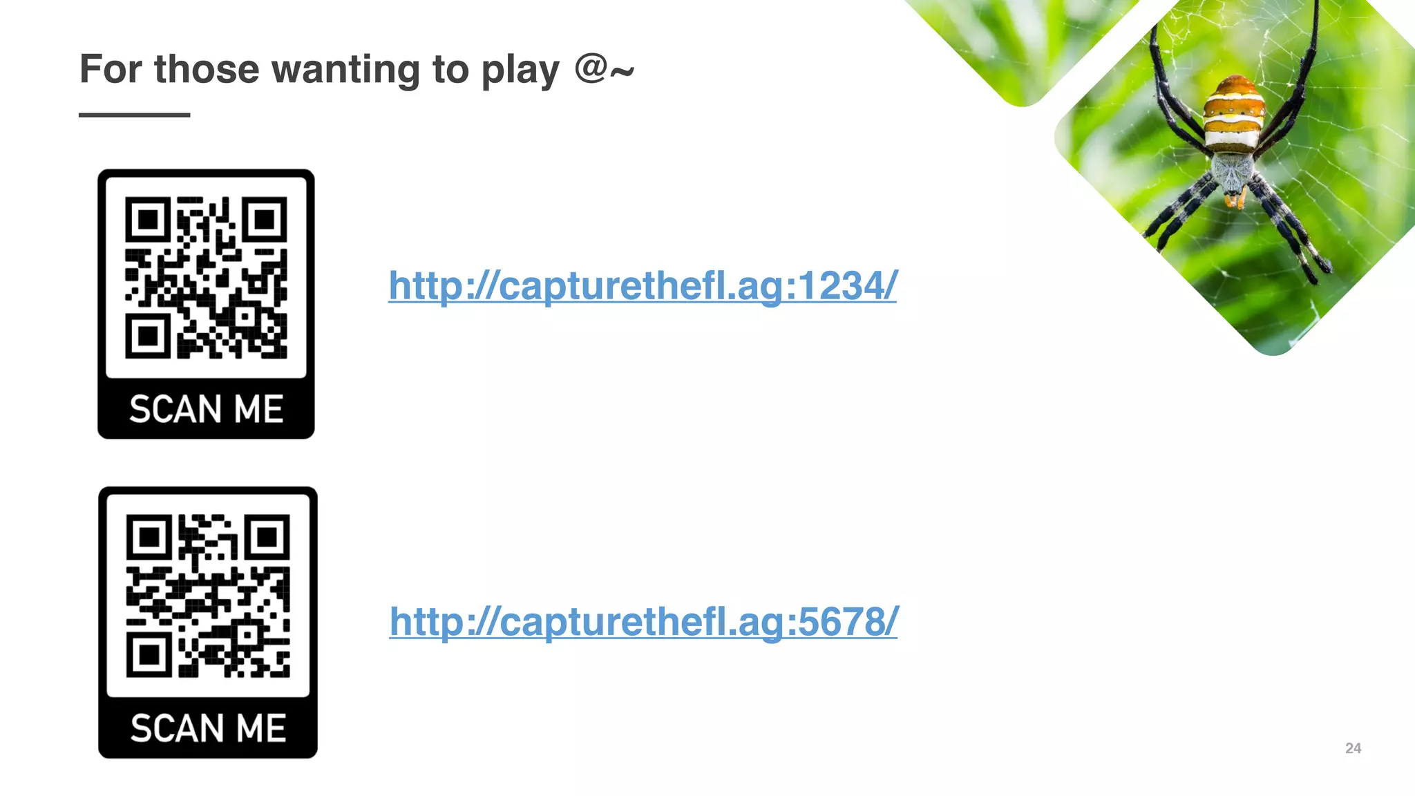 24
http://capturethefl.ag:1234/
http://capturethefl.ag:5678/
For those wanting to play @~
 