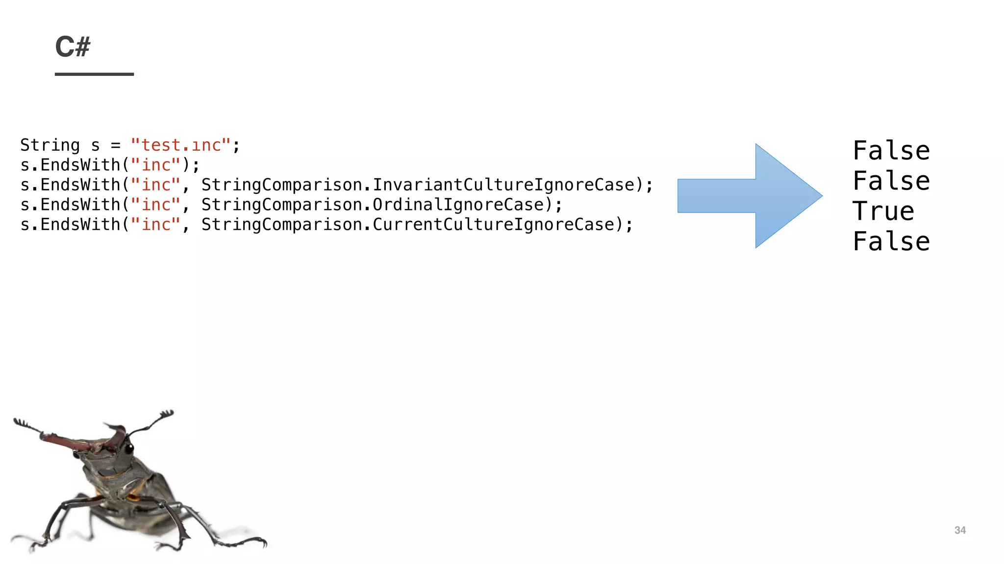 34
C#
String s = "test.ınc";
s.EndsWith("inc");
s.EndsWith("inc", StringComparison.InvariantCultureIgnoreCase);
s.EndsWith("inc", StringComparison.OrdinalIgnoreCase);
s.EndsWith("inc", StringComparison.CurrentCultureIgnoreCase);
False
False
True
False
 