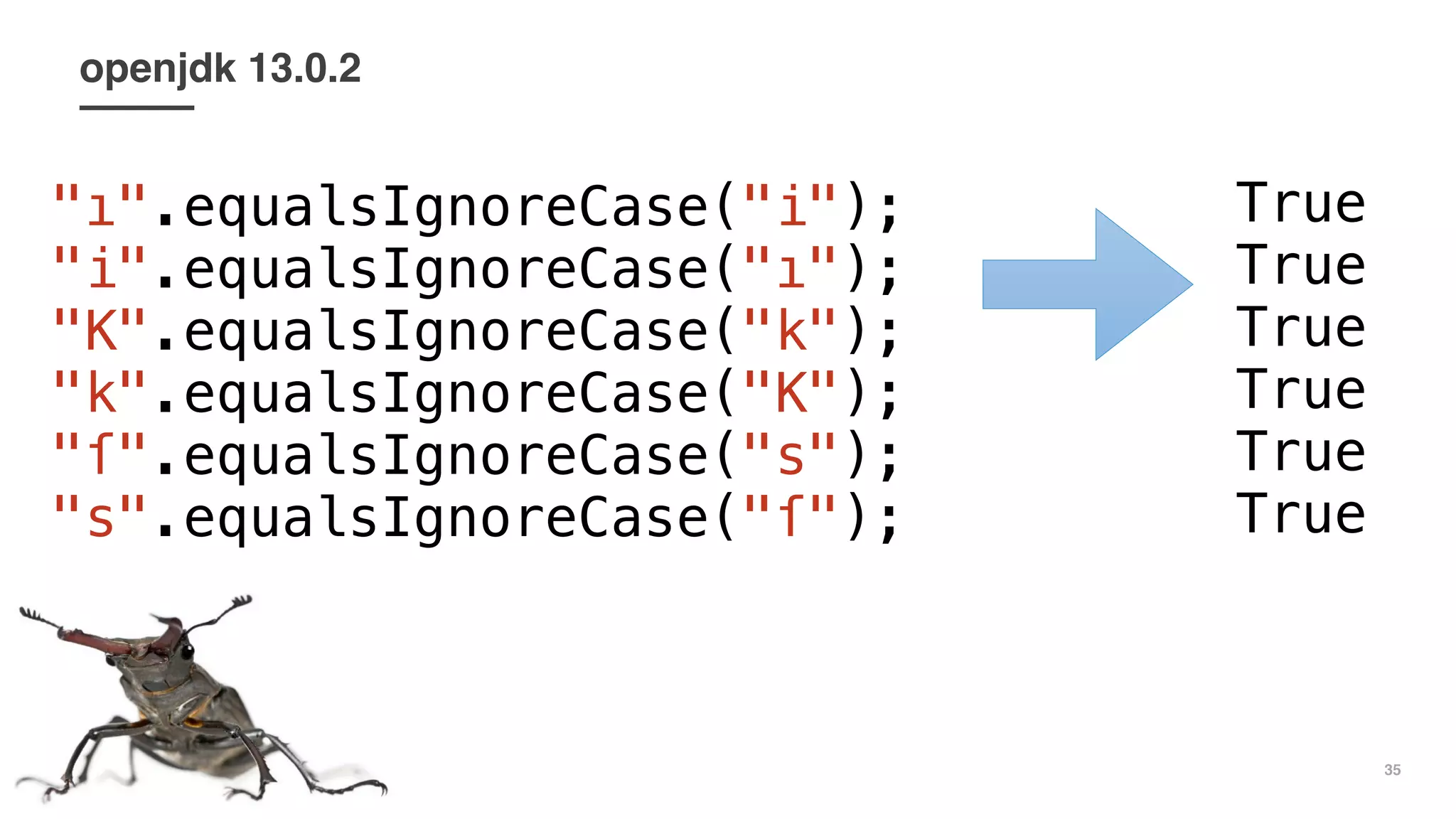 35
openjdk 13.0.2
"ı".equalsIgnoreCase("i");
"i".equalsIgnoreCase("ı");
"K".equalsIgnoreCase("k");
"k".equalsIgnoreCase("K");
"ſ".equalsIgnoreCase("s");
"s".equalsIgnoreCase("ſ");
True
True
True
True
True
True
 