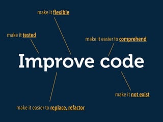 Improve code
make it easier to comprehend
make it ﬂexible
make it tested
make it easier to replace, refactor
make it not exist
 