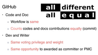 GitHub
• Code and Doc
Workﬂow is same
Counts codes and docs contributions equally (commit)
• Dev and Writer
Same voting privilege and weight
Same opportunity to awarded as committer or PMC
 