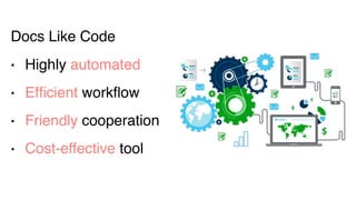 Docs Like Code
• Highly automated
• Efﬁcient workﬂow
• Friendly cooperation
• Cost-effective tool
 