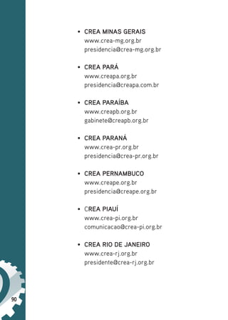 90
• CREA MINAS GERAIS
www.crea-mg.org.br
presidencia@crea-mg.org.br
• CREA PARÁ
www.creapa.org.br
presidencia@creapa.com.br
• CREA PARAÍBA
www.creapb.org.br
gabinete@creapb.org.br
• CREA PARANÁ
www.crea-pr.org.br
presidencia@crea-pr.org.br
• CREA PERNAMBUCO
www.creape.org.br
presidencia@creape.org.br
• CREA PIAUÍ
www.crea-pi.org.br
comunicacao@crea-pi.org.br
• CREA RIO DE JANEIRO
www.crea-rj.org.br
presidente@crea-rj.org.br
 