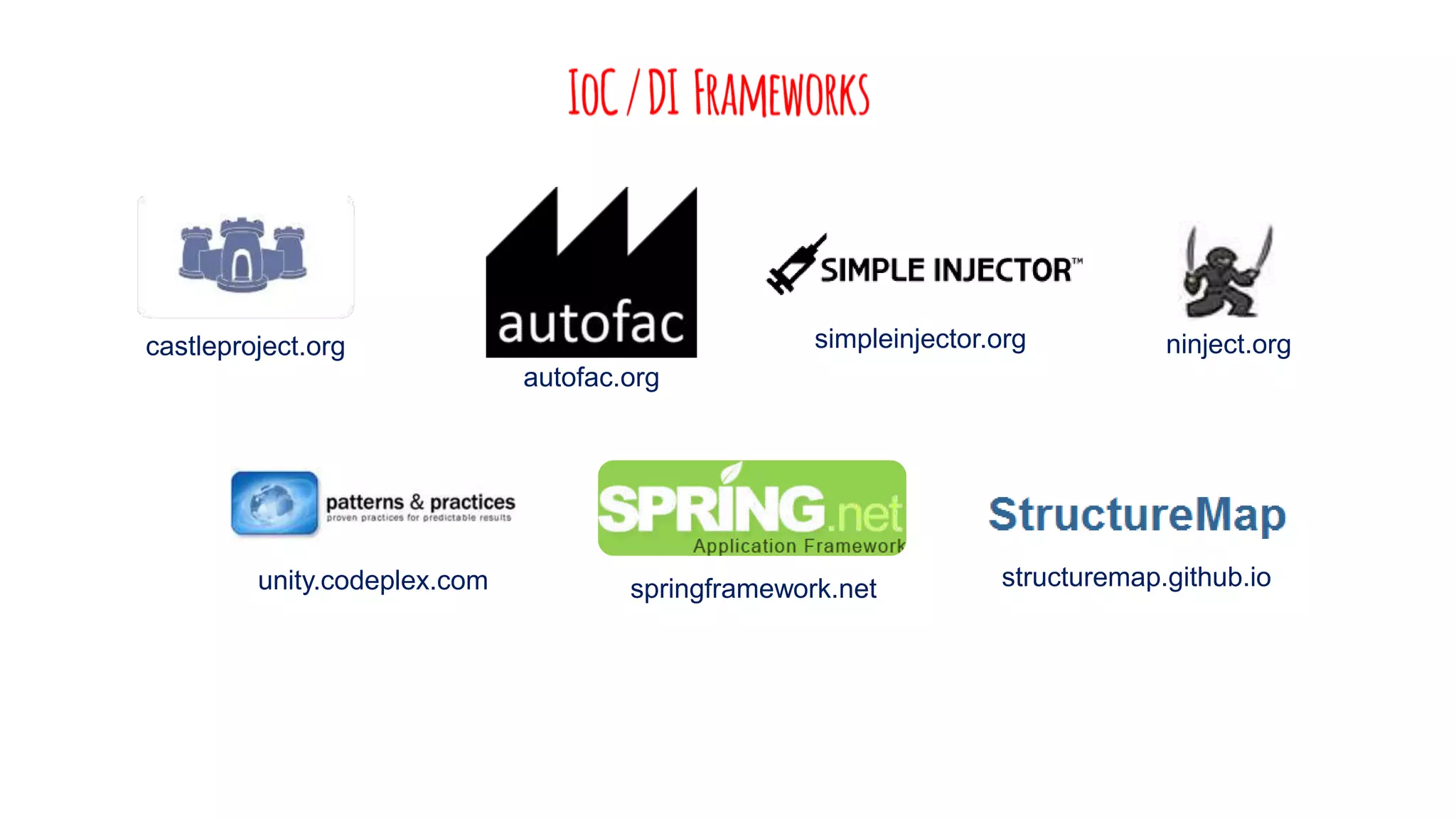 castleproject.org springframework.net ninject.org unity.codeplex.com structuremap.github.io simpleinjector.org autofac.org 