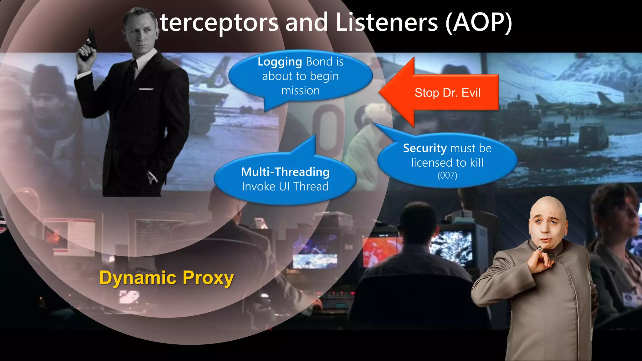 Stop Dr. Evil Dynamic Proxy Security must be licensed to kill (007) Logging Bond is about to begin mission Interceptors and Listeners (AOP) Multi-Threading Invoke UI Thread 