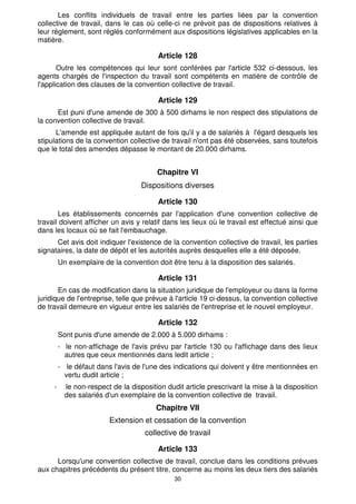 Les conflits individuels de travail entre les parties liées par la convention 
collective de travail, dans le cas où celle-ci ne prévoit pas de dispositions relatives à 
leur règlement, sont réglés conformément aux dispositions législatives applicables en la 
matière. 
Article 128 
Outre les compétences qui leur sont conférées par l'article 532 ci-dessous, les 
agents chargés de l'inspection du travail sont compétents en matière de contrôle de 
l'application des clauses de la convention collective de travail. 
Article 129 
Est puni d'une amende de 300 à 500 dirhams le non respect des stipulations de 
30 
la convention collective de travail. 
L'amende est appliquée autant de fois qu'il y a de salariés à l'égard desquels les 
stipulations de la convention collective de travail n'ont pas été observées, sans toutefois 
que le total des amendes dépasse le montant de 20.000 dirhams. 
Chapitre VI 
Dispositions diverses 
Article 130 
Les établissements concernés par l'application d'une convention collective de 
travail doivent afficher un avis y relatif dans les lieux où le travail est effectué ainsi que 
dans les locaux où se fait l'embauchage. 
Cet avis doit indiquer l'existence de la convention collective de travail, les parties 
signataires, la date de dépôt et les autorités auprès desquelles elle a été déposée. 
Un exemplaire de la convention doit être tenu à la disposition des salariés. 
Article 131 
En cas de modification dans la situation juridique de l'employeur ou dans la forme 
juridique de l'entreprise, telle que prévue à l'article 19 ci-dessus, la convention collective 
de travail demeure en vigueur entre les salariés de l'entreprise et le nouvel employeur. 
Article 132 
Sont punis d'une amende de 2.000 à 5.000 dirhams : 
- le non-affichage de l'avis prévu par l'article 130 ou l'affichage dans des lieux 
autres que ceux mentionnés dans ledit article ; 
- le défaut dans l'avis de l'une des indications qui doivent y être mentionnées en 
vertu dudit article ; 
- le non-respect de la disposition dudit article prescrivant la mise à la disposition 
des salariés d'un exemplaire de la convention collective de travail. 
Chapitre VII 
Extension et cessation de la convention 
collective de travail 
Article 133 
Lorsqu'une convention collective de travail, conclue dans les conditions prévues 
aux chapitres précédents du présent titre, concerne au moins les deux tiers des salariés 
 