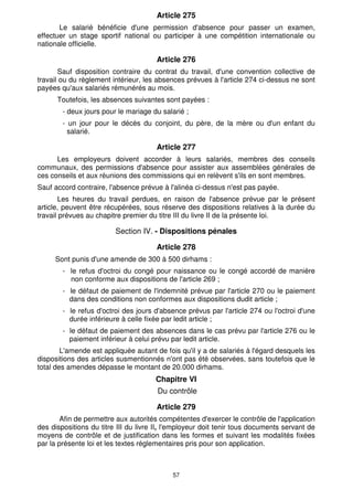 Article 275 
Le salarié bénéficie d'une permission d'absence pour passer un examen, 
effectuer un stage sportif national ou participer à une compétition internationale ou 
nationale officielle. 
Article 276 
Sauf disposition contraire du contrat du travail, d'une convention collective de 
travail ou du règlement intérieur, les absences prévues à l'article 274 ci-dessus ne sont 
payées qu'aux salariés rémunérés au mois. 
Toutefois, les absences suivantes sont payées : 
- deux jours pour le mariage du salarié ; 
- un jour pour le décès du conjoint, du père, de la mère ou d'un enfant du 
57 
salarié. 
Article 277 
Les employeurs doivent accorder à leurs salariés, membres des conseils 
communaux, des permissions d'absence pour assister aux assemblées générales de 
ces conseils et aux réunions des commissions qui en relèvent s'ils en sont membres. 
Sauf accord contraire, l'absence prévue à l'alinéa ci-dessus n'est pas payée. 
Les heures du travail perdues, en raison de l'absence prévue par le présent 
article, peuvent être récupérées, sous réserve des dispositions relatives à la durée du 
travail prévues au chapitre premier du titre III du livre II de la présente loi. 
Section IV. - Dispositions pénales 
Article 278 
Sont punis d'une amende de 300 à 500 dirhams : 
- le refus d'octroi du congé pour naissance ou le congé accordé de manière 
non conforme aux dispositions de l'article 269 ; 
- le défaut de paiement de l'indemnité prévue par l'article 270 ou le paiement 
dans des conditions non conformes aux dispositions dudit article ; 
- le refus d'octroi des jours d'absence prévus par l'article 274 ou l'octroi d'une 
durée inférieure à celle fixée par ledit article ; 
- le défaut de paiement des absences dans le cas prévu par l'article 276 ou le 
paiement inférieur à celui prévu par ledit article. 
L'amende est appliquée autant de fois qu'il y a de salariés à l'égard desquels les 
dispositions des articles susmentionnés n'ont pas été observées, sans toutefois que le 
total des amendes dépasse le montant de 20.000 dirhams. 
Chapitre VI 
Du contrôle 
Article 279 
Afin de permettre aux autorités compétentes d'exercer le contrôle de l'application 
des dispositions du titre III du livre II, l'employeur doit tenir tous documents servant de 
moyens de contrôle et de justification dans les formes et suivant les modalités fixées 
par la présente loi et les textes réglementaires pris pour son application. 
 
