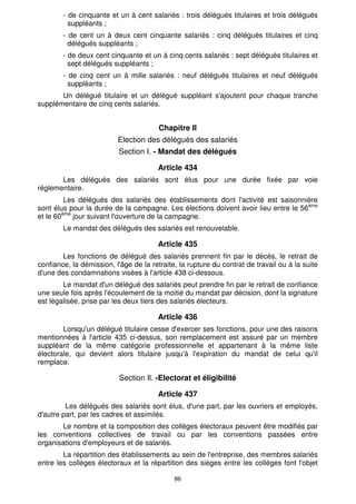 - de cinquante et un à cent salariés : trois délégués titulaires et trois délégués 
suppléants ; 
- de cent un à deux cent cinquante salariés : cinq délégués titulaires et cinq 
délégués suppléants ; 
- de deux cent cinquante et un à cinq cents salariés : sept délégués titulaires et 
sept délégués suppléants ; 
- de cinq cent un à mille salariés : neuf délégués titulaires et neuf délégués 
suppléants ; 
Un délégué titulaire et un délégué suppléant s'ajoutent pour chaque tranche 
86 
supplémentaire de cinq cents salariés. 
Chapitre Il 
Election des délégués des salariés 
Section I. - Mandat des délégués 
Article 434 
Les délégués des salariés sont élus pour une durée fixée par voie 
réglementaire. 
Les délégués des salariés des établissements dont l'activité est saisonnière 
sont élus pour la durée de la campagne. Les élections doivent avoir lieu entre le 56ème 
et le 60ème jour suivant l'ouverture de la campagne. 
Le mandat des délégués des salariés est renouvelable. 
Article 435 
Les fonctions de délégué des salariés prennent fin par le décès, le retrait de 
confiance, la démission, l'âge de la retraite, la rupture du contrat de travail ou à la suite 
d'une des condamnations visées à l'article 438 ci-dessous. 
Le mandat d'un délégué des salariés peut prendre fin par le retrait de confiance 
une seule fois après l'écoulement de la moitié du mandat par décision, dont la signature 
est légalisée, prise par les deux tiers des salariés électeurs. 
Article 436 
Lorsqu'un délégué titulaire cesse d'exercer ses fonctions, pour une des raisons 
mentionnées à l'article 435 ci-dessus, son remplacement est assuré par un membre 
suppléant de la même catégorie professionnelle et appartenant à la même liste 
électorale, qui devient alors titulaire jusqu'à l'expiration du mandat de celui qu'il 
remplace. 
Section Il. -Electorat et éligibilité 
Article 437 
Les délégués des salariés sont élus, d'une part, par les ouvriers et employés, 
d'autre part, par les cadres et assimilés. 
Le nombre et la composition des collèges électoraux peuvent être modifiés par 
les conventions collectives de travail ou par les conventions passées entre 
organisations d'employeurs et de salariés. 
La répartition des établissements au sein de l'entreprise, des membres salariés 
entre les collèges électoraux et la répartition des sièges entre les collèges font l'objet 
 
