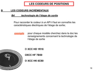 18
LES CODEURS DE POSITIONS
B LES CODEURS INCRÉMENTAUX
B4 technologie de l’étage de sortie
Pour raccorder le codeur à un API il faut en connaître les
caractéristiques électriques de l’étage de sortie;
 XCC HD 1R18
XCC HF 7B50
 XCC HK 6C80
exemple pour chaque modèle cherchez dans la doc les
renseignements concernant la technologie de
l’étage de sortie
 