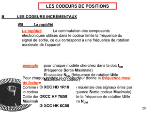 20
LES CODEURS DE POSITIONS
B LES CODEURS INCRÉMENTAUX
B5 La rapidité
La rapidité La commutation des composants
électroniques utilisés dans le codeur limite la fréquence du
signal de sortie, ce qui correspond à une fréquence de rotation
maximale de l’appareil
Pour chaque modèle le constructeur donne la fréquence maxi
de lecture
Comme il s’agit de la fréquence maximale des signaux émis par
le codeur on la notera : fSM (fréquence Sortie codeur Maximale)
Cette donnée permet le calcul de la fréquence de rotation Utile
Maximale du codeur, on la notera NUM
 XCC HD 1R18
XCC HF 7B50
 XCC HK 6C80
exemple pour chaque modèle cherchez dans la doc fSM
(fréquence Sortie Maximale)
Et calculez NUM (fréquence de rotation Utile
Maximale du codeur)
 