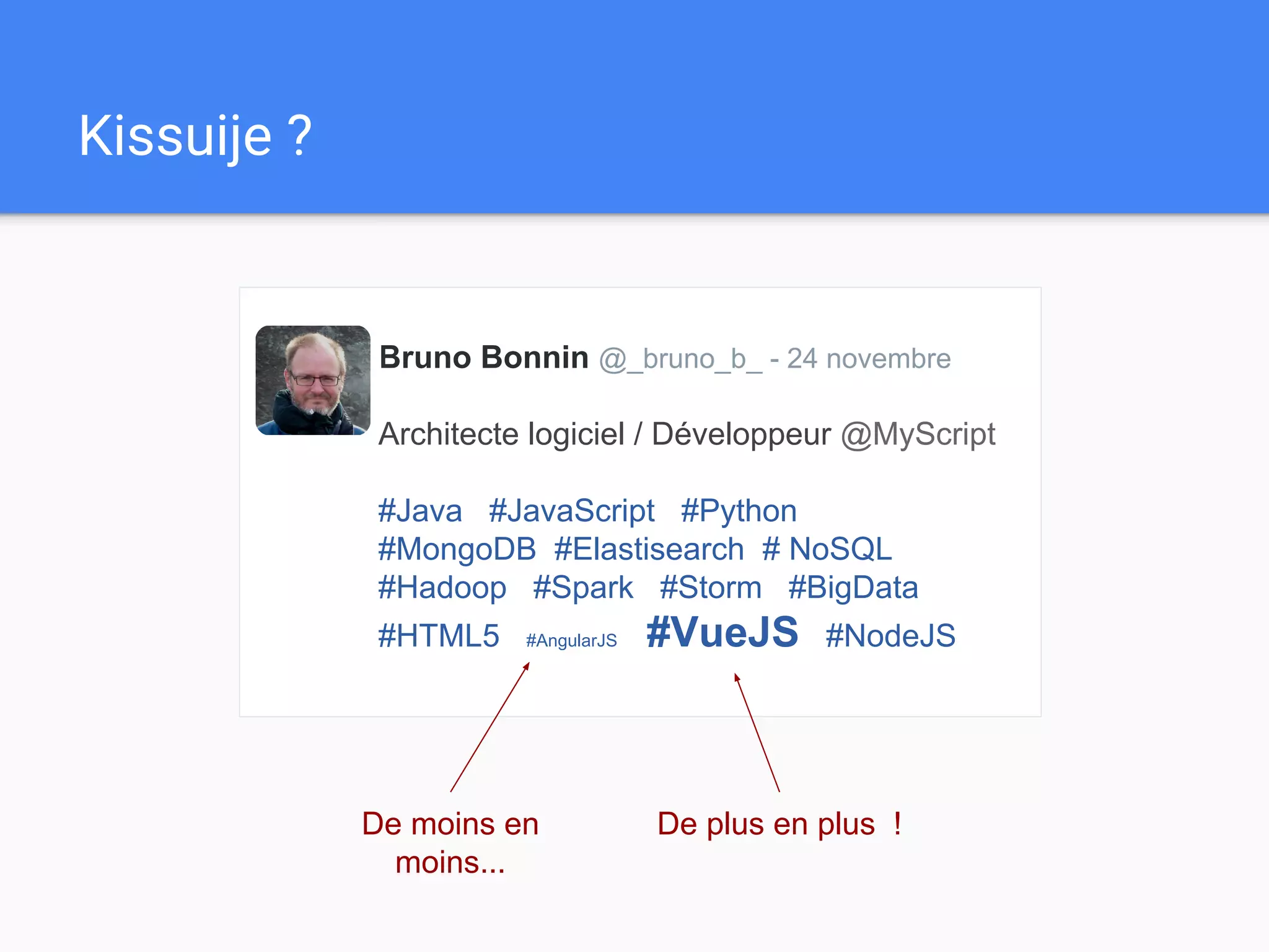Kissuije ?
Bruno Bonnin @_bruno_b_ - 24 novembre
Architecte logiciel / Développeur @MyScript
#Java #JavaScript #Python
#MongoDB #Elastisearch # NoSQL
#Hadoop #Spark #Storm #BigData
#HTML5 #AngularJS #VueJS #NodeJS
De plus en plus !De moins en
moins...
 