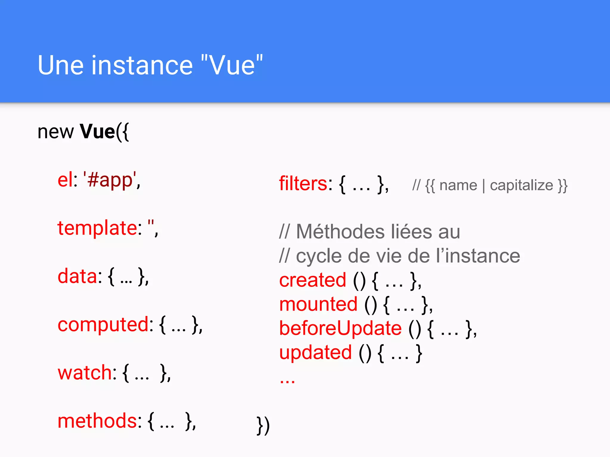 Une instance "Vue"
new Vue({
el: '#app',
template: '',
data: { … },
computed: { ... },
watch: { ... },
methods: { ... },
filters: { … }, // {{ name | capitalize }}
// Méthodes liées au
// cycle de vie de l’instance
created () { … },
mounted () { … },
beforeUpdate () { … },
updated () { … }
...
})
 