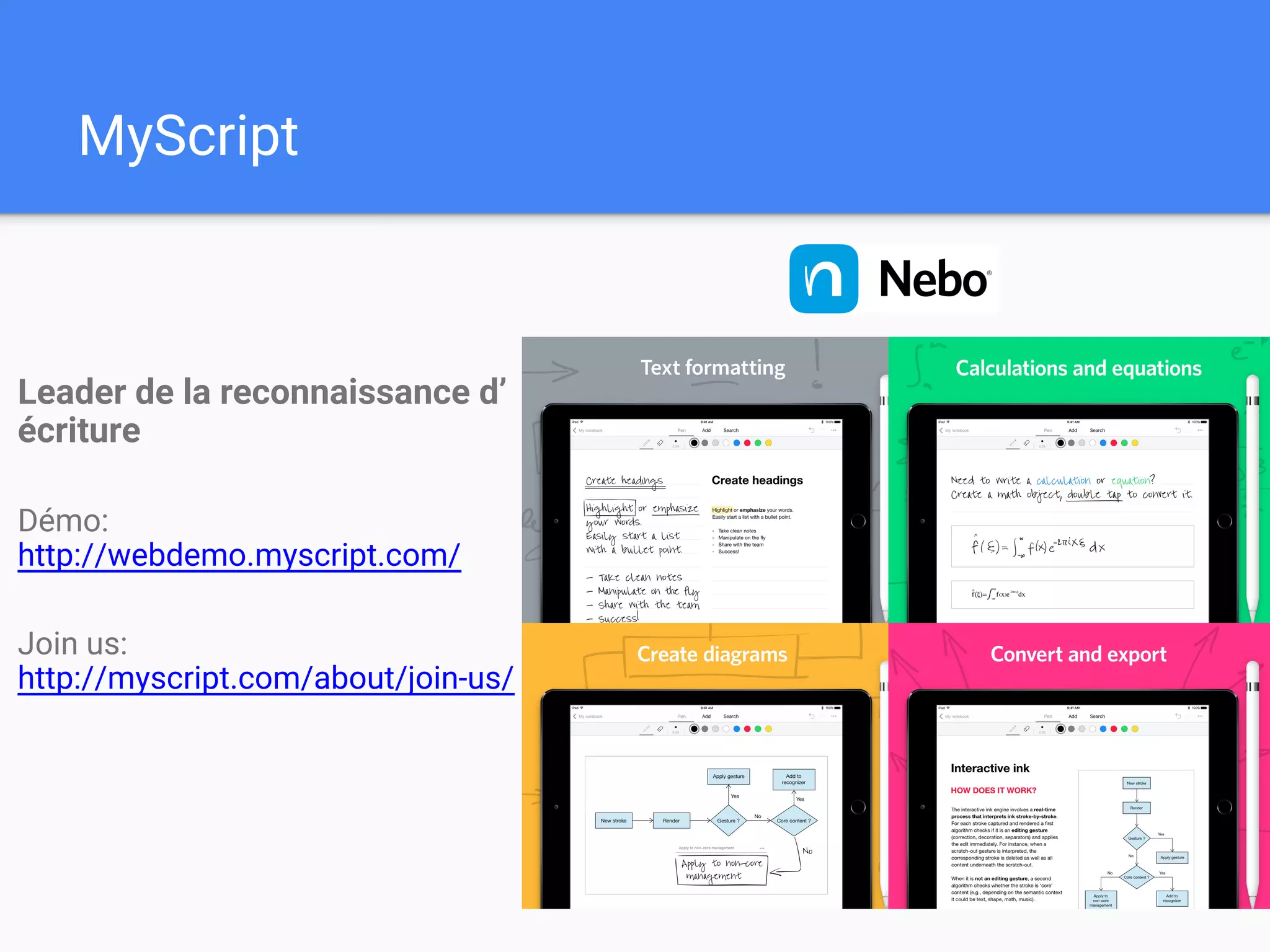 MyScript
Leader de la reconnaissance d’
écriture
Démo:
http://webdemo.myscript.com/
Join us:
http://myscript.com/about/join-us/
 