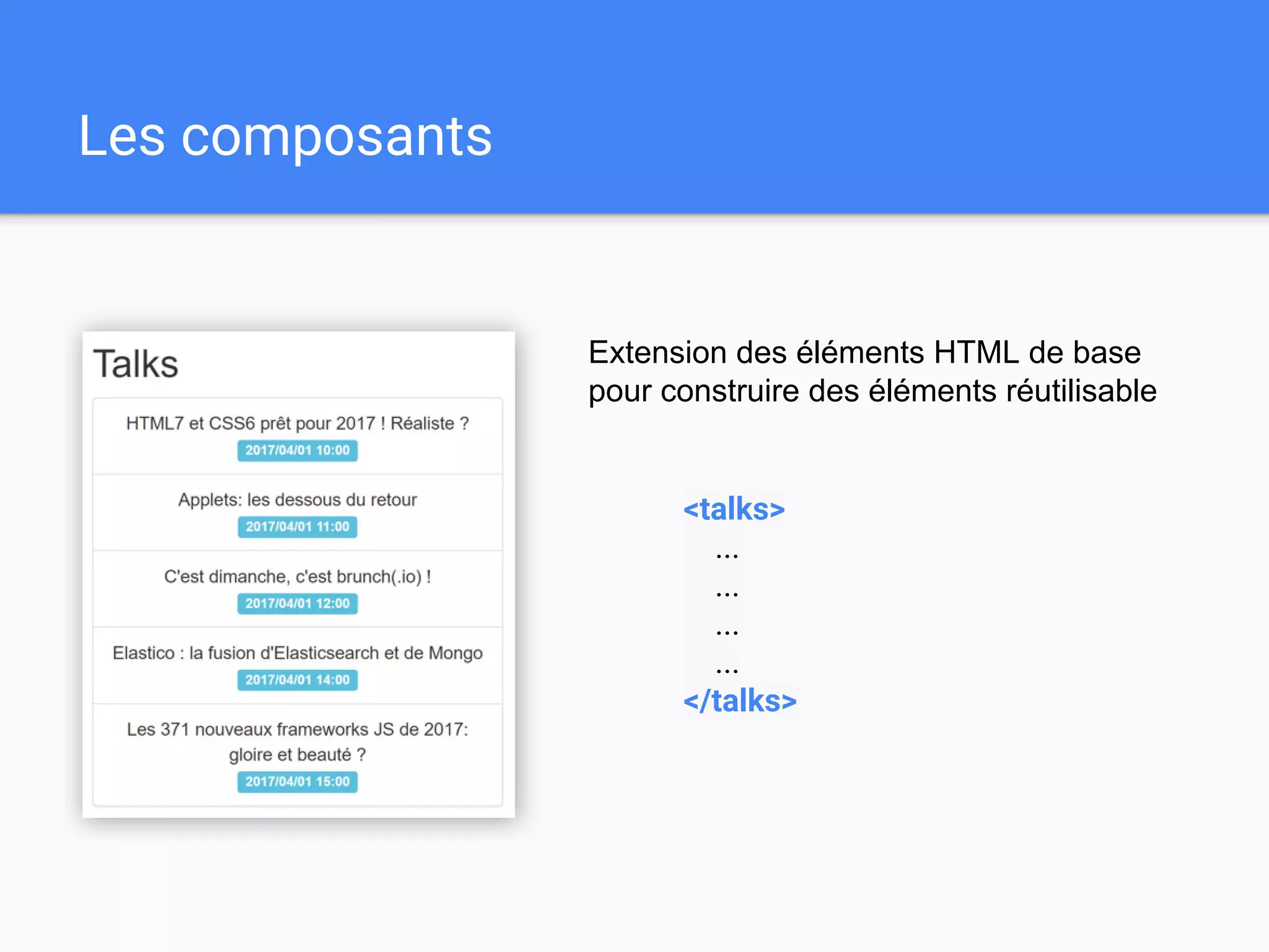 Les composants
Extension des éléments HTML de base
pour construire des éléments réutilisable
<talks>
...
...
...
...
</talks>
 