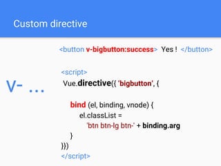 Custom directive
<button v-bigbutton:success> Yes ! </button>
v- ...
<script>
Vue.directive({ ‘bigbutton’, {
bind (el, binding, vnode) {
el.classList =
'btn btn-lg btn-' + binding.arg
}
}})
</script>
 
