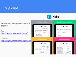 MyScript
Leader de la reconnaissance d’
écriture
Démo:
http://webdemo.myscript.com/
Join us:
http://myscript.com/about/join-us/
 