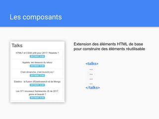 Les composants
Extension des éléments HTML de base
pour construire des éléments réutilisable
<talks>
...
...
...
...
</talks>
 