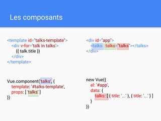 Les composants
<template id="talks-template">
<div v-for='talk in talks'>
{{ talk.title }}
</div>
</template>
new Vue({
el: '#app',
data: {
talks: [ { title: '...' }, { title: '...' } ]
}
})
Vue.component('talks', {
template: '#talks-template',
props: [ 'talks' ]
})
<div id="app">
<talks :talks="talks"></talks>
</div>
 