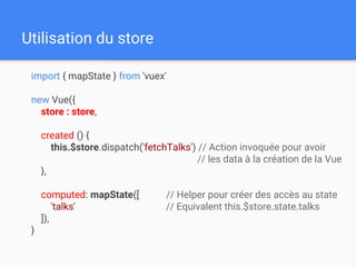 Utilisation du store
import { mapState } from 'vuex'
new Vue({
store : store,
created () {
this.$store.dispatch('fetchTalks') // Action invoquée pour avoir
// les data à la création de la Vue
},
computed: mapState([ // Helper pour créer des accès au state
'talks' // Equivalent this.$store.state.talks
]),
}
 