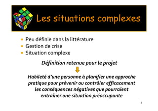 C O
      M
          P
          L       X
                      E
                          Les situations complexes
              E




              Peu définie dans la littérature
              Gestion de crise
              Situation complexe
                            Définition retenue pour le projet

                      Habileté d’une personne à planifier une approche
                      pratique pour prévenir ou contrôler efficacement
                         les conséquences négatives que pourraient
                            entraîner une situation préoccupante
                                                                         4
 