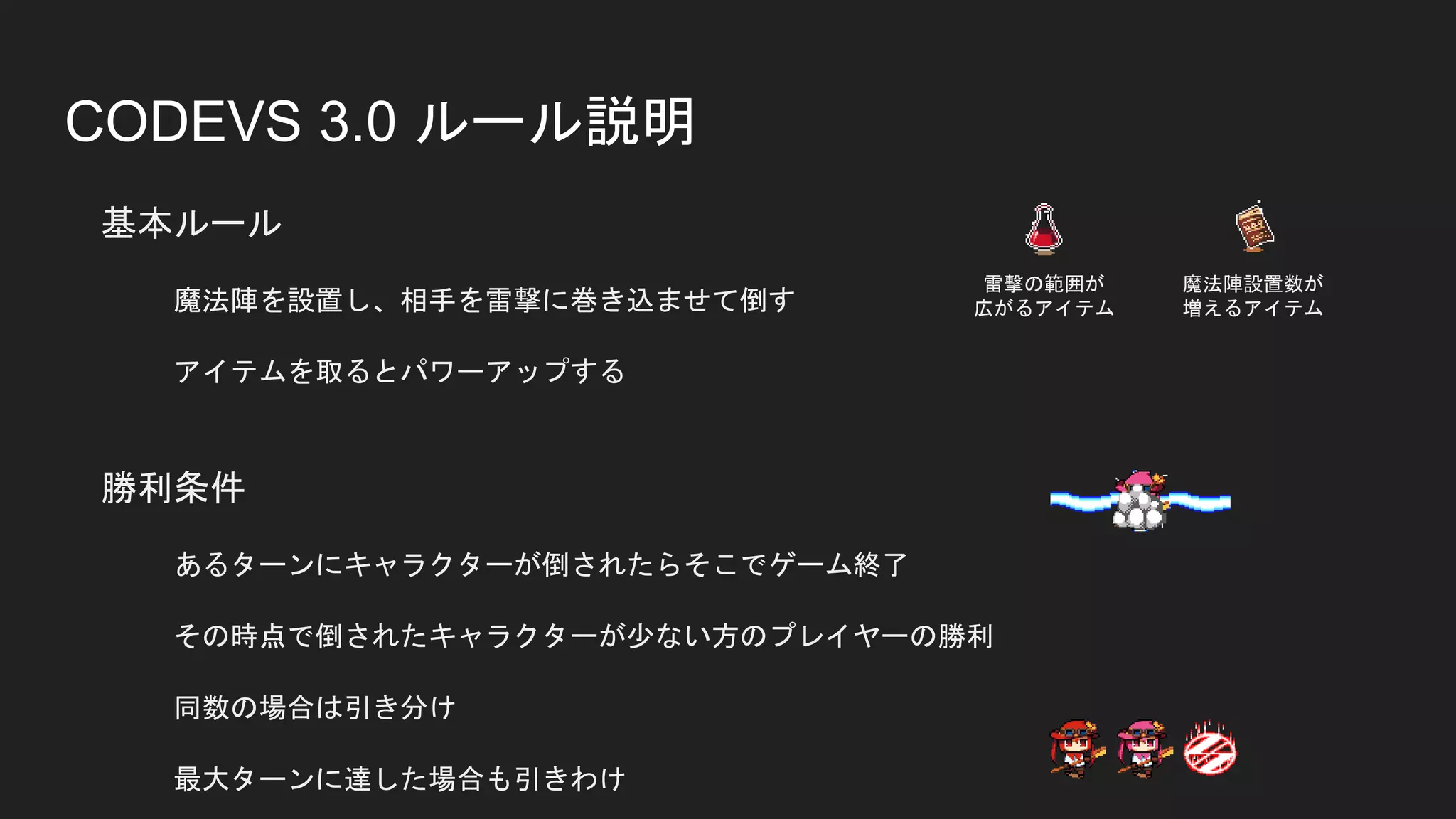 基本ルール
魔法陣を設置し、相手を雷撃に巻き込ませて倒す
アイテムを取るとパワーアップする
勝利条件
あるターンにキャラクターが倒されたらそこでゲーム終了
その時点で倒されたキャラクターが少ない方のプレイヤーの勝利
同数の場合は引き分け
最大ターンに達した場合も引きわけ
CODEVS 3.0 ルール説明
雷撃の範囲が
広がるアイテム
魔法陣設置数が
増えるアイテム
 