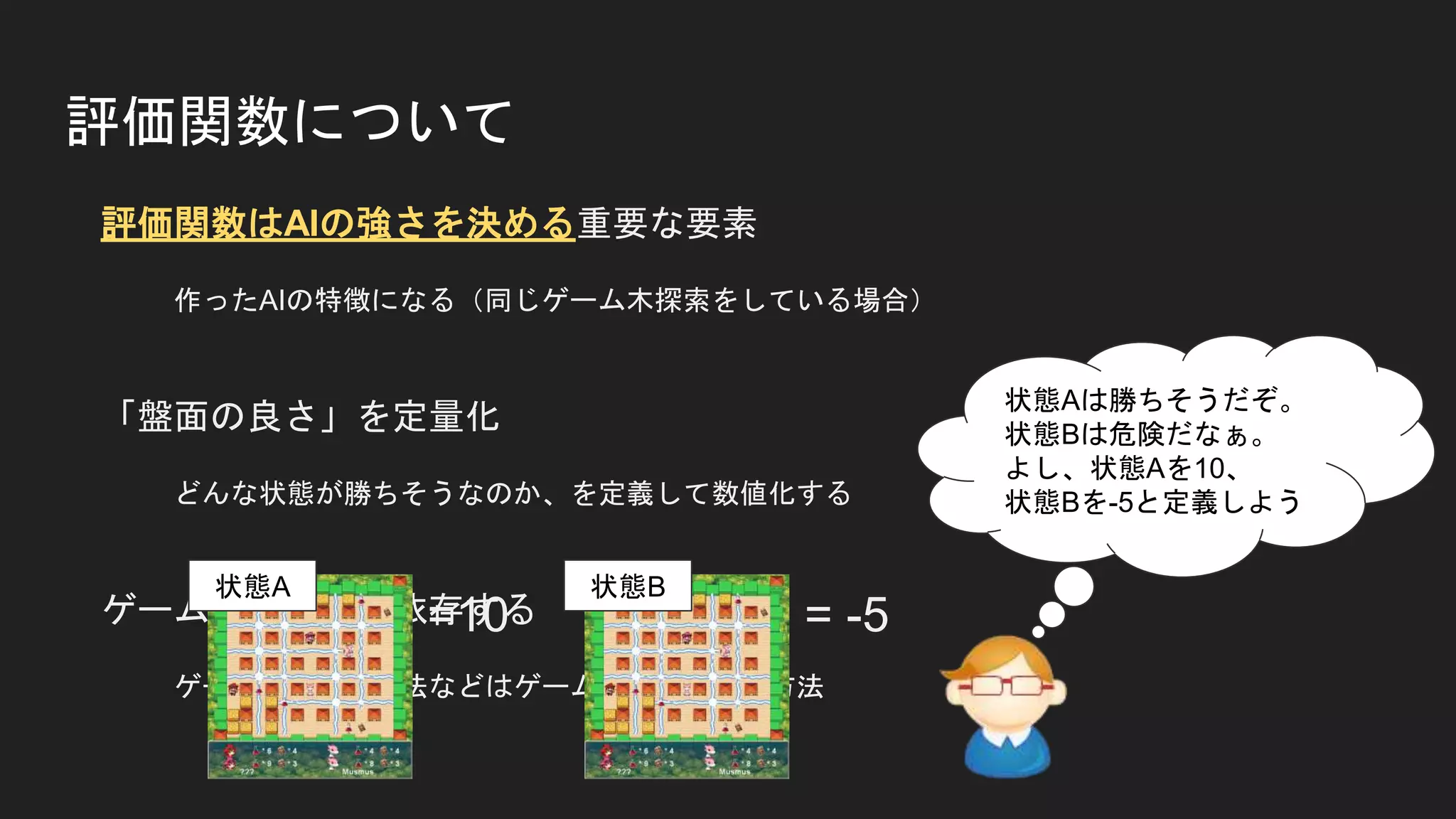 評価関数について
評価関数はAIの強さを決める重要な要素
作ったAIの特徴になる（同じゲーム木探索をしている場合）
「盤面の良さ」を定量化
どんな状態が勝ちそうなのか、を定義して数値化する
ゲームのルールに依存する
ゲーム木探索の方法などはゲームに依存しない方法
状態Aは勝ちそうだぞ。
状態Bは危険だなぁ。
よし、状態Aを10、
状態Bを-5と定義しよう
=10 = -5
状態A 状態B
 