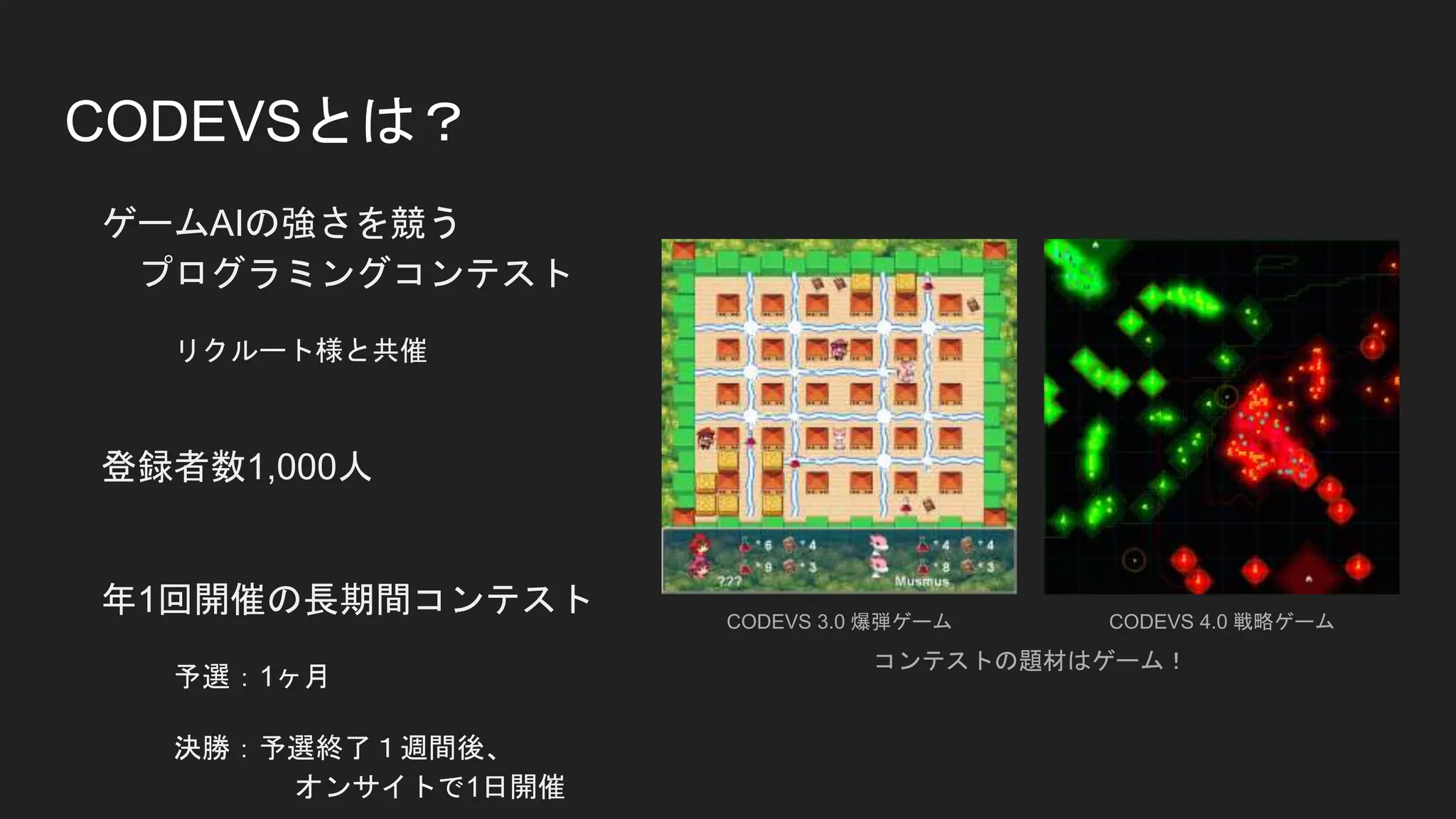 CODEVSとは？
ゲームAIの強さを競う
プログラミングコンテスト
リクルート様と共催
登録者数1,000人
年1回開催の長期間コンテスト
予選：1ヶ月
決勝：予選終了１週間後、
オンサイトで1日開催
コンテストの題材はゲーム！
CODEVS 3.0 爆弾ゲーム CODEVS 4.0 戦略ゲーム
 