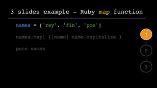 names = ['rey', 'fin', 'poe']
names.map! {|name| name.capitalize }
puts names
3 slides example - Ruby map function
1
2
3
 