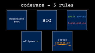 monospaced
font
codeware - 5 rules
BIG
smart syntax
highlighting
ellipsis...
screen
annotation
 