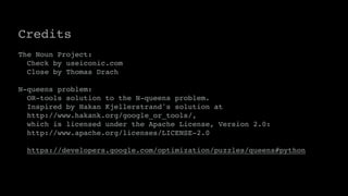 Credits
The Noun Project:
Check by useiconic.com
Close by Thomas Drach
N-queens problem:
OR-tools solution to the N-queens...