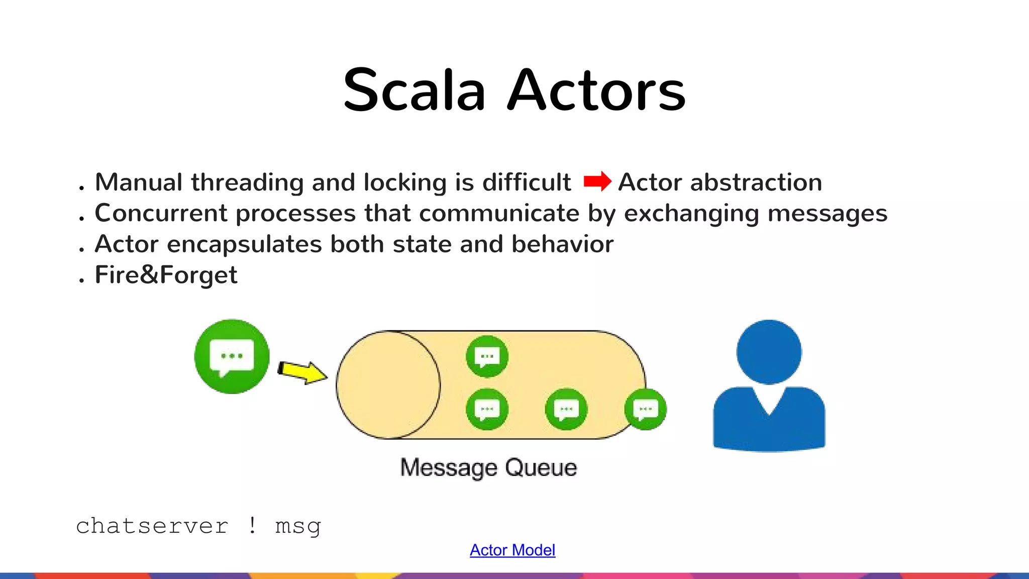 Scala Actors ● Manual threading and locking is difficult Actor abstraction ● Concurrent processes that communicate by exchanging messages ● Actor encapsulates both state and behavior ● Fire&Forget chatserver ! msg Actor Model 