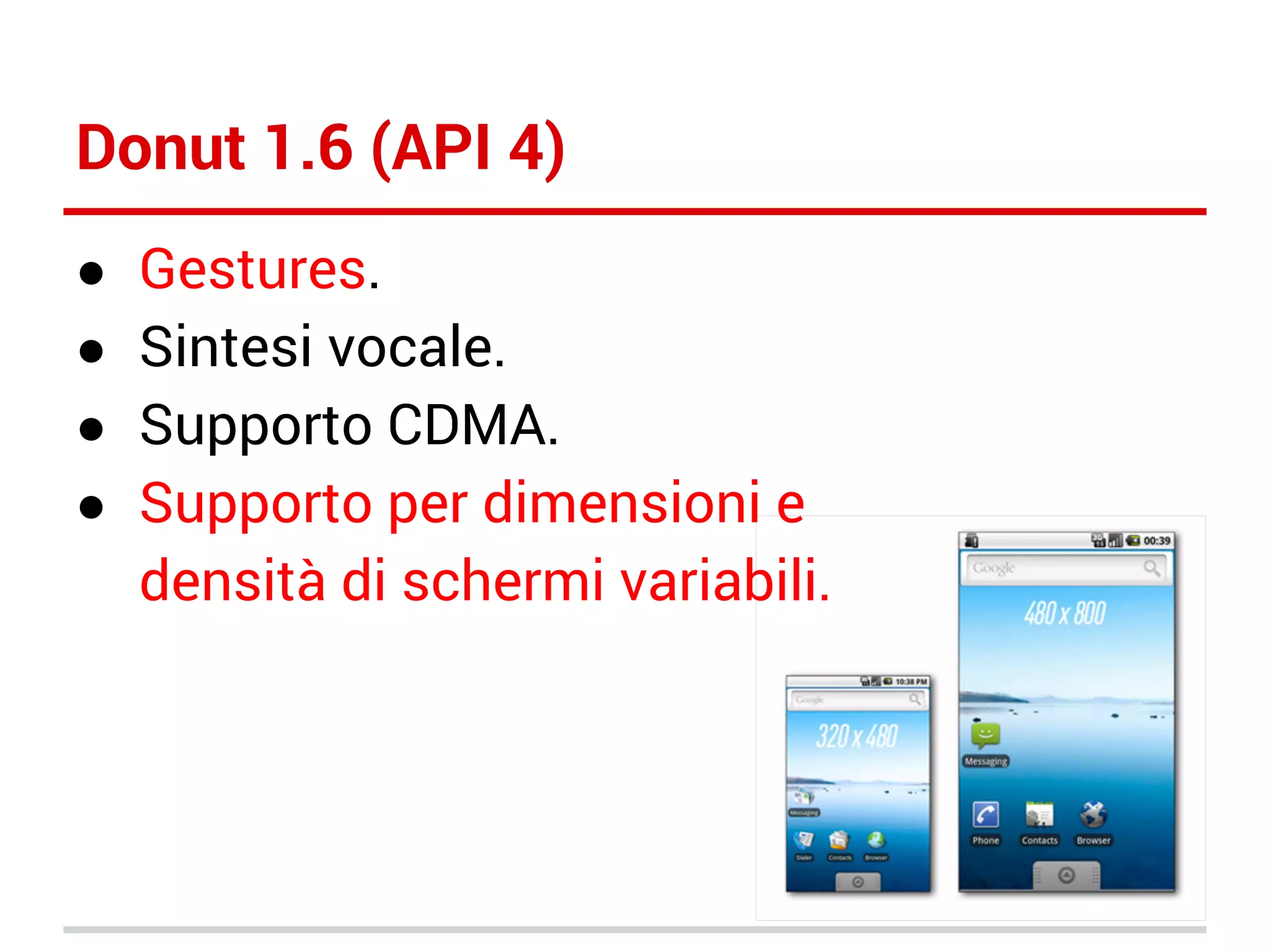 Donut 1.6 (API 4)
●
●
●
●

Gestures.
Sintesi vocale.
Supporto CDMA.
Supporto per dimensioni e
densità di schermi variabili.

 