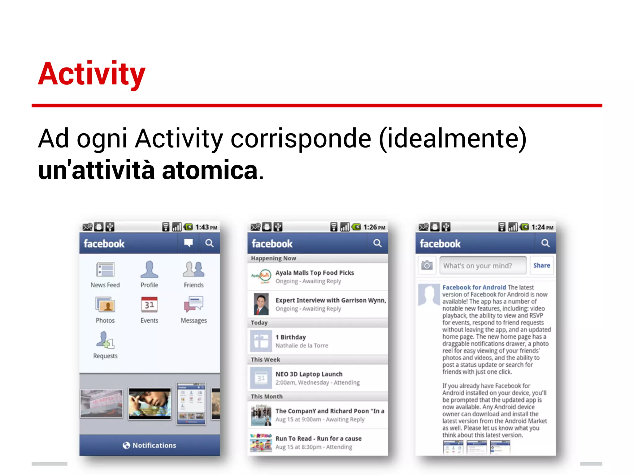 Activity
Ad ogni Activity corrisponde (idealmente)
un'attività atomica.

 