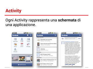 Activity
Ogni Activity rappresenta una schermata di
una applicazione.

 