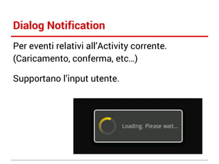 Dialog Notification
Per eventi relativi all’Activity corrente.
(Caricamento, conferma, etc…)
Supportano l’input utente.

 