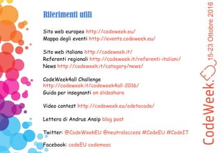 15-23Ottobre2016
Riferimenti utili
Sito web europeo http://codeweek.eu/
Mappa degli eventi http://events.codeweek.eu/
Sito web italiano http://codeweek.it/
Referenti regionali http://codeweek.it/referenti-italiani/
News http://codeweek.it/category/news/
CodeWeek4all Challenge
http://codeweek.it/codeweek4all-2016/
Guida per insegnanti on slideshare
Video contest http://codeweek.eu/odetocode/
Lettera di Andrus Ansip blog post
Twitter: @CodeWeekEU @neutralaccess #CodeEU #CodeIT
Facebook: codeEU codemooc
 