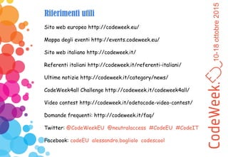 15-23ottobre2016
Riferimenti utili
Sito web europeo http://codeweek.eu/
Mappa degli eventi http://events.codeweek.eu/
Sito...
