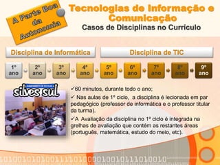 Tecnologias de Informação e 
Comunicação 
Casos de Disciplinas no Currículo 
Disciplina de TIC 
1º 
ano 
2º 
ano 
3º 
ano 
4º 
ano 
5º 
ano 
6º 
ano 
7º 
ano 
8º 
ano 
9º 
ano 
Disciplina de Informática 
60 minutos, durante todo o ano; 
 Nas aulas de 1º ciclo, a disciplina é lecionada em par 
pedagógico (professor de informática e o professor titular 
da turma). 
A Avaliação da disciplina no 1º ciclo é integrada na 
grelhas de avaliação que contém as restantes áreas 
(português, matemática, estudo do meio, etc). 
 