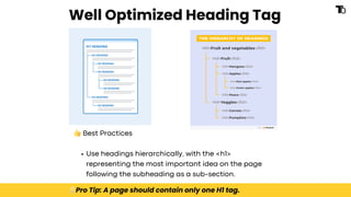 Well Optimized Heading Tag
👍Best Practices
Use headings hierarchically, with the <h1>
representing the most important idea on the page
following the subheading as a sub-section.
💡Pro Tip: A page should contain only one H1 tag.
 