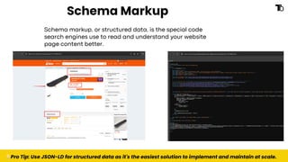 Schema Markup
Schema markup, or structured data, is the special code
search engines use to read and understand your website
page content better.
💡Pro Tip: Use JSON-LD for structured data as it's the easiest solution to implement and maintain at scale.
 